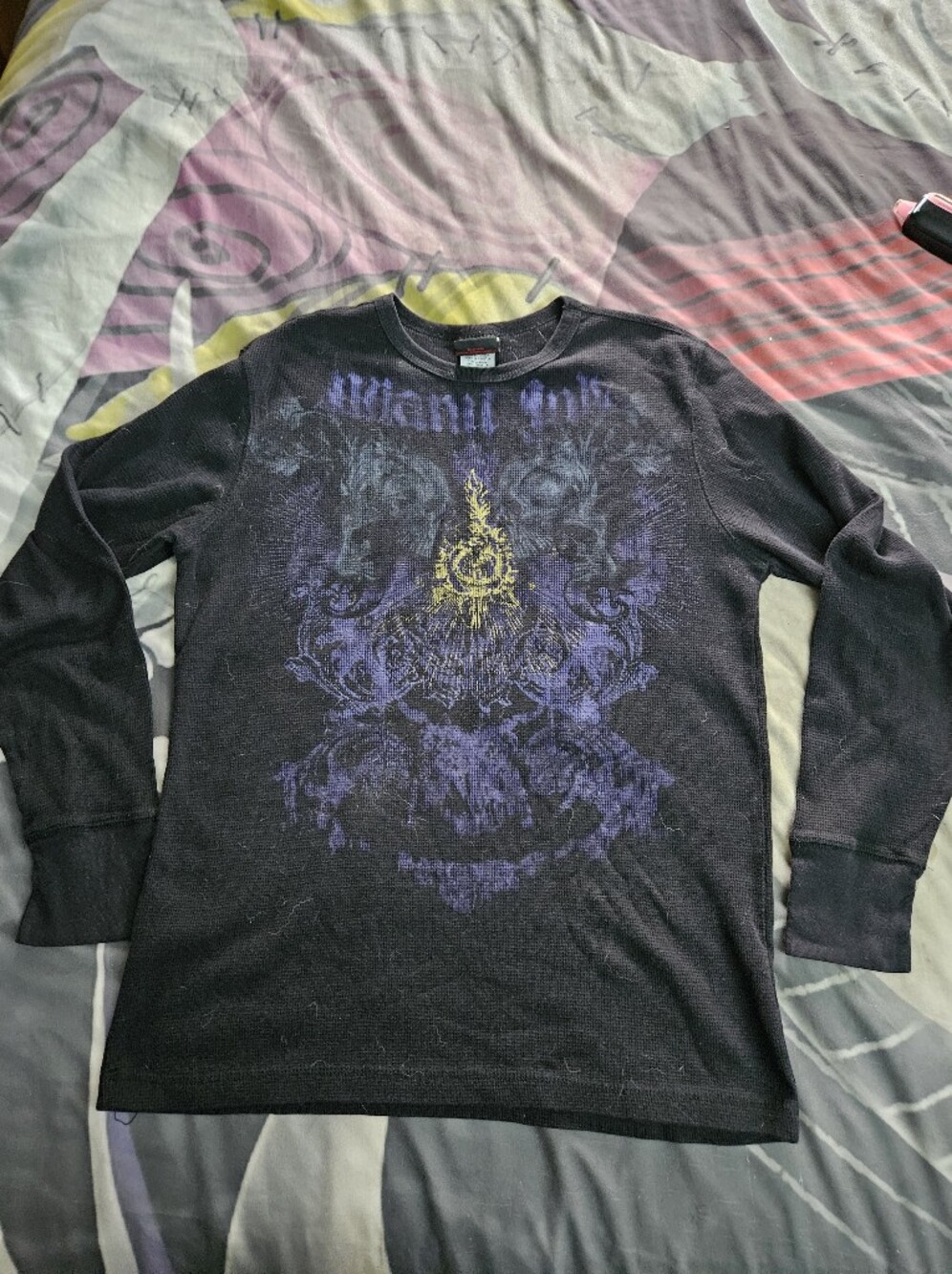 Miami Ink Black Long Sleeve Graphic Tee with Purple and Gold Design
